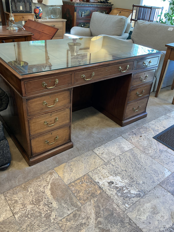 Partners Desk with Glass Covered Leather Top