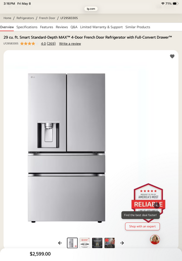 Samsung 29 cu ft Smart Standard Depth MAX 4 Door Refrigerator LF29S8330S , 35.75”Wx34.38”Dx70.38”H