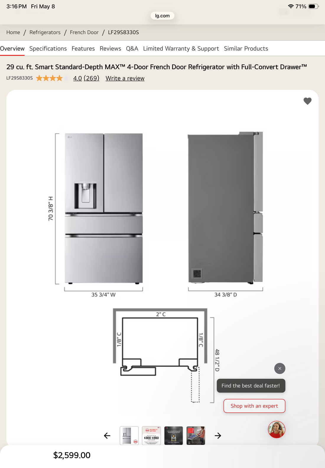 Samsung 29 cu ft Smart Standard Depth MAX 4 Door Refrigerator LF29S8330S , 35.75”Wx34.38”Dx70.38”H