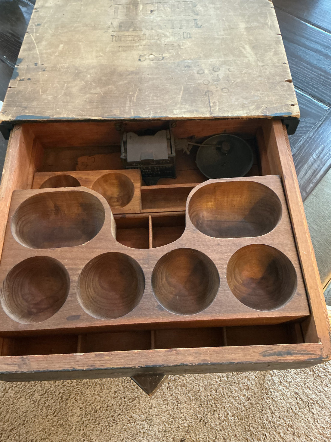 Antique Tuckers Alarm Till Wooden Cash Drawer