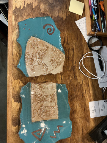 Ceramic Wall Hanging Pair -Turquoise & Tan with Horse engraved PAIR by Dana