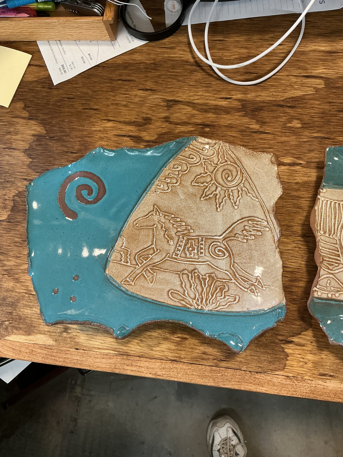 Ceramic Wall Hanging Pair -Turquoise & Tan with Horse engraved PAIR by Dana