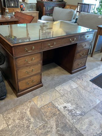 Partners Desk with Glass Covered Leather Top