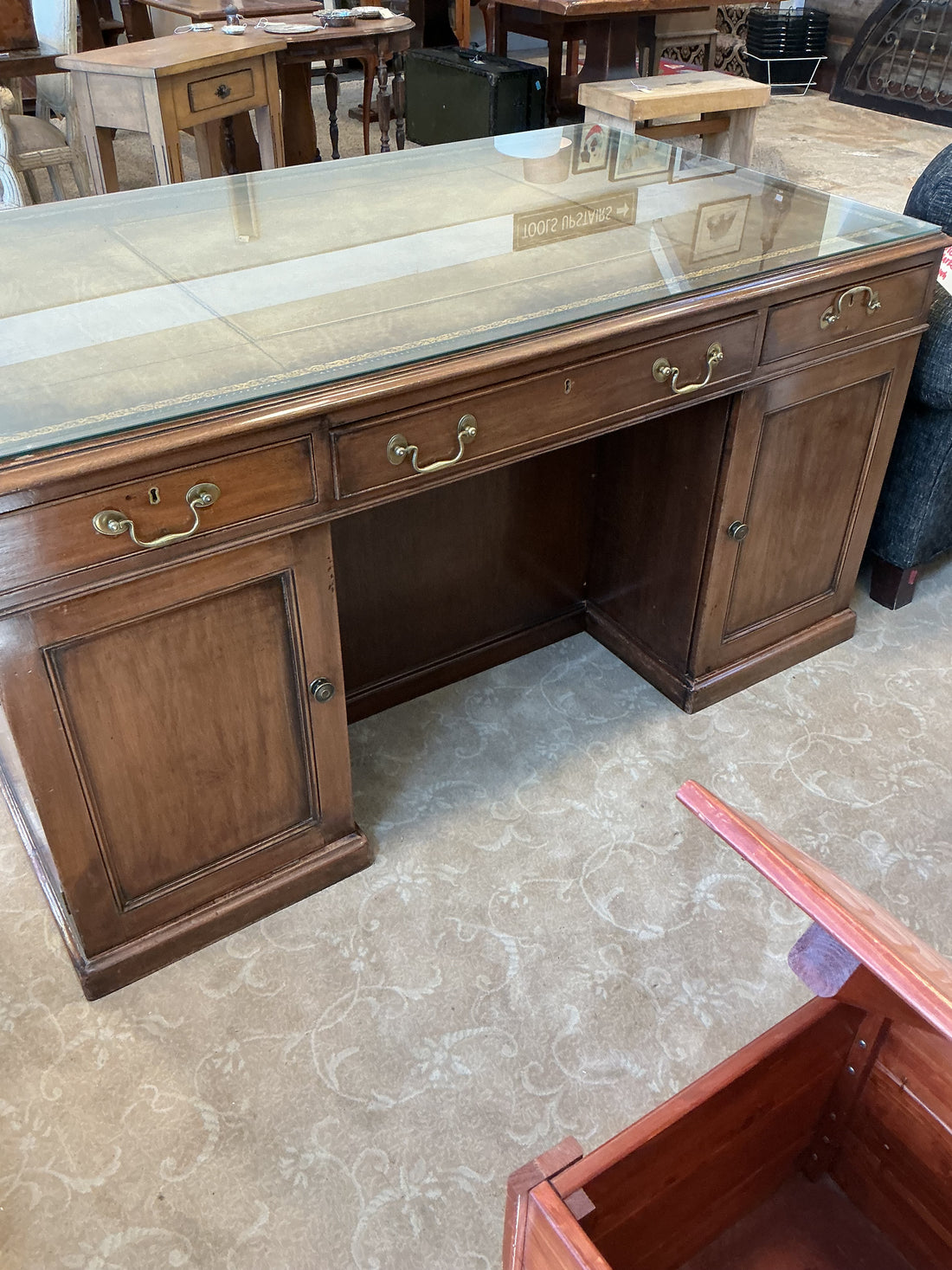 Partners Desk with Glass Covered Leather Top