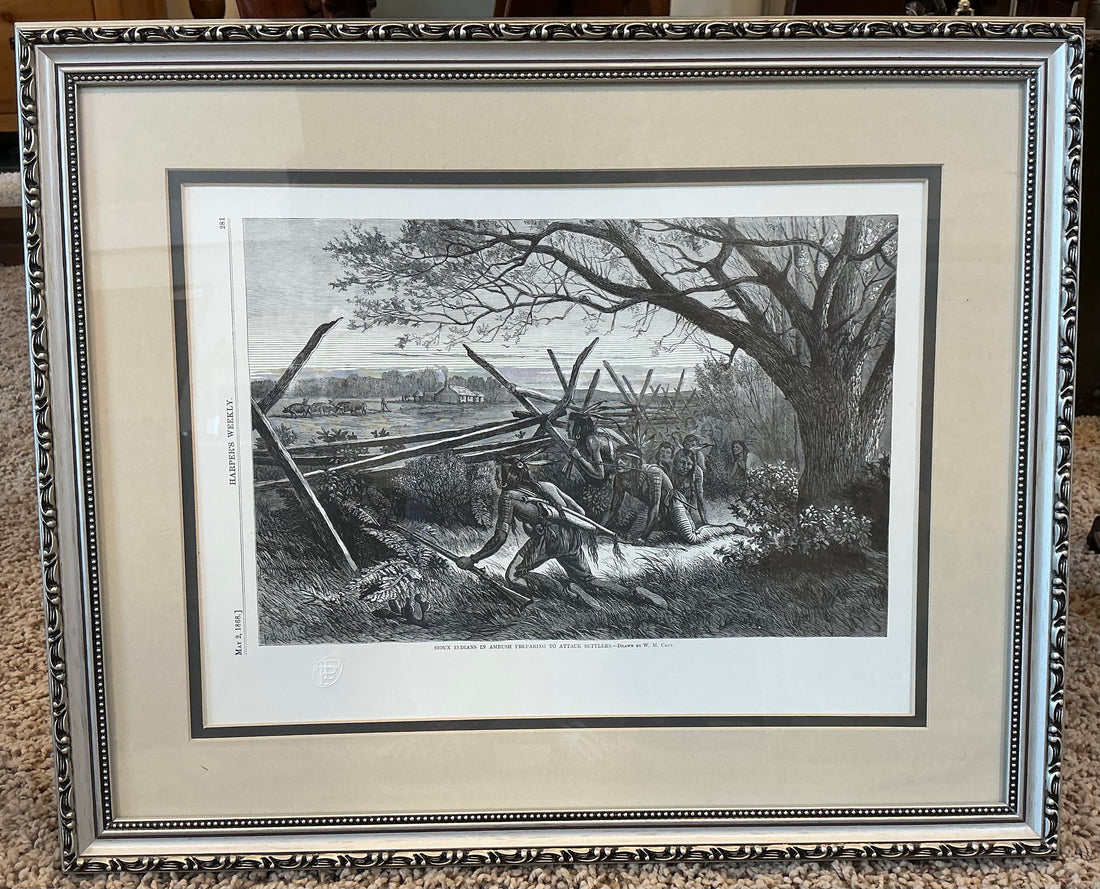 Art / Sculpture Title: "Sioux Indians in Ambush Preparing to Attack Settlers" Artist: Drawn by W. H. Cary, 18x22