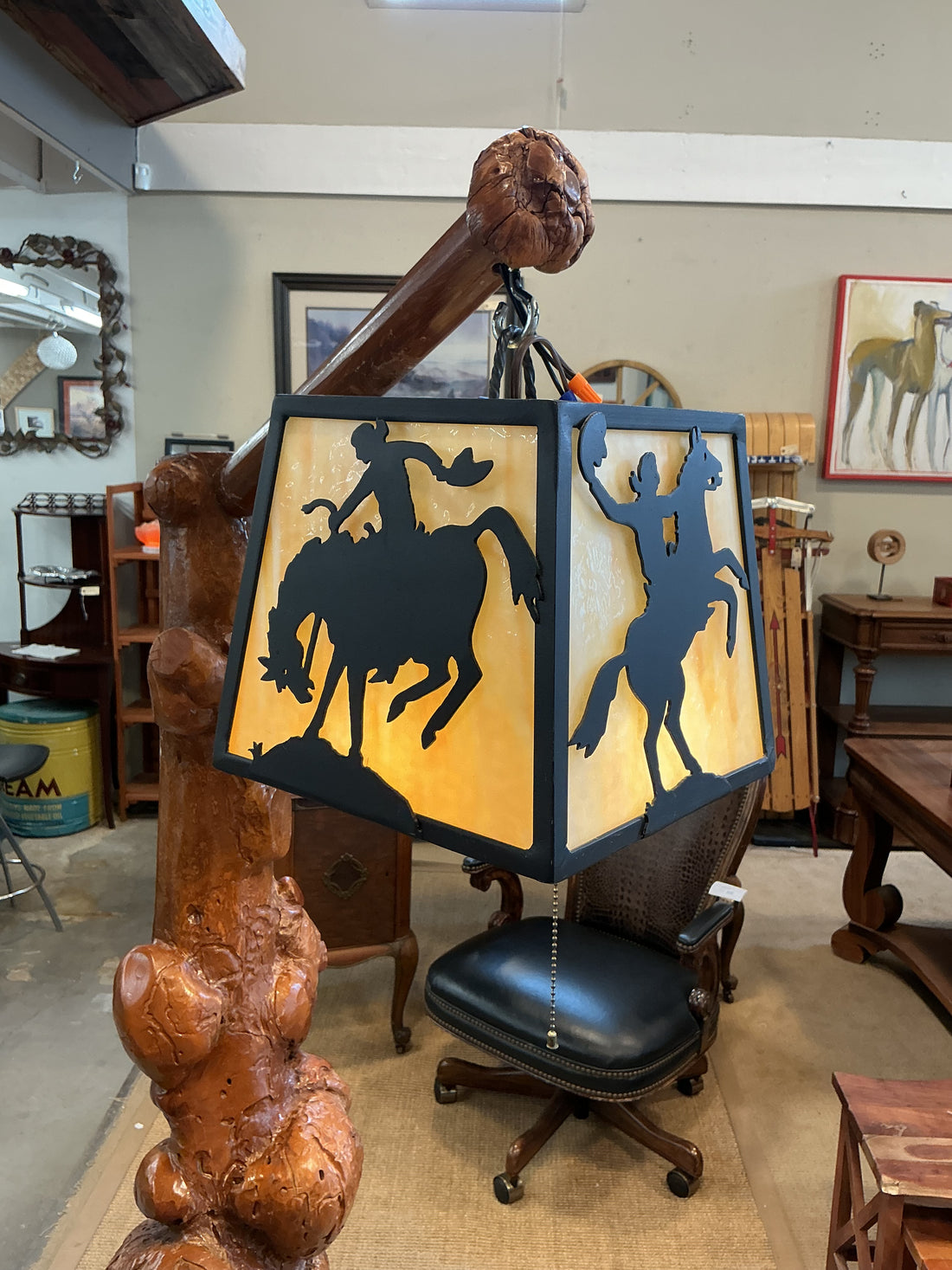 Lamp carved burl wood with western style light, 6 feet tall