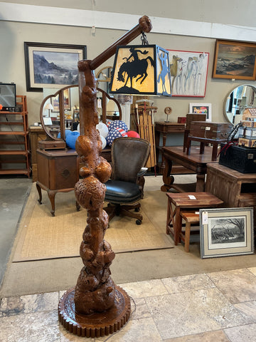 Lamp carved burl wood with western style light, 6 feet tall