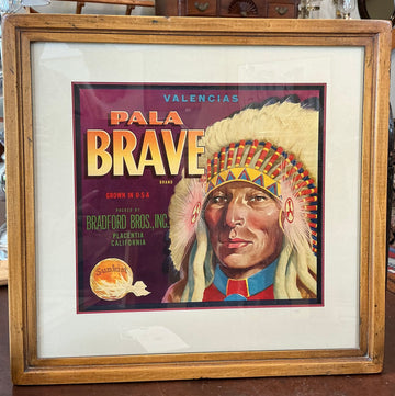 Art / Sculpture Vintage fruit crate label titled 'Pala Brave Valencias' by Bradford Bros. Inc., 16x17