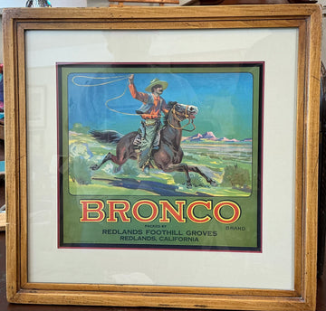 Art/Sculpture Framed lithograph print 'Bronco Brand' orange crate label, 16x17