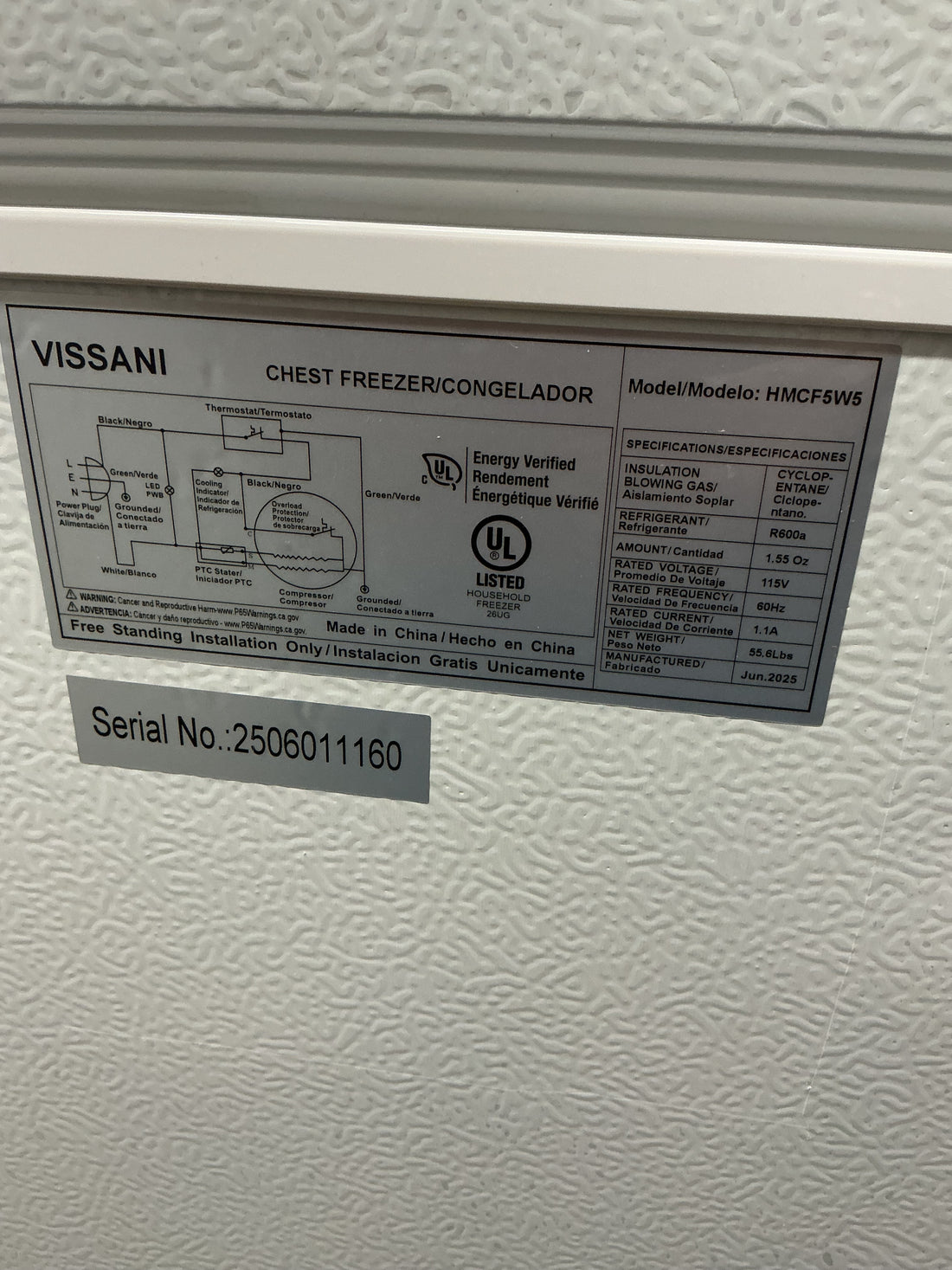 Vissani 5.0 cu. ft. Manual Defrost Chest Freezer