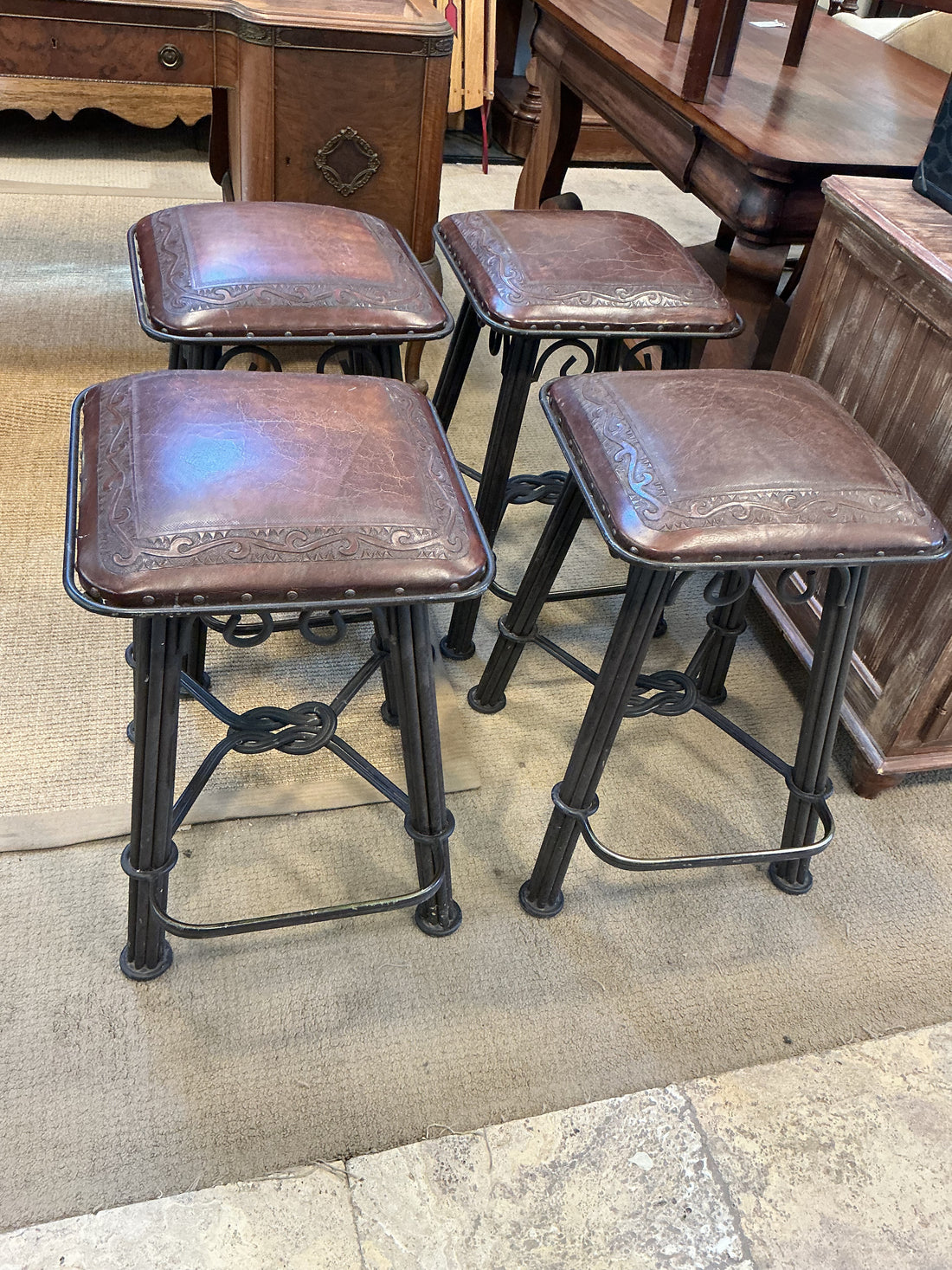 Leather Barstools with Footrest Set of 4