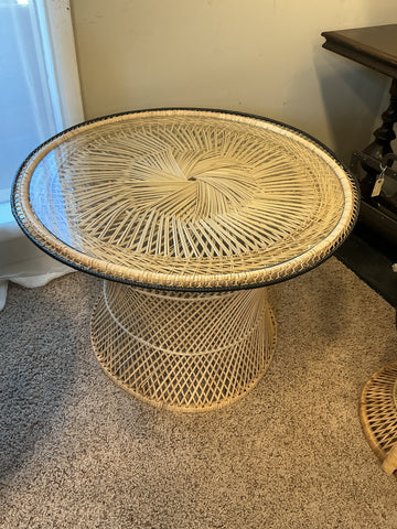 Round Wicker Table with Glass 34" Diameter 23" Height