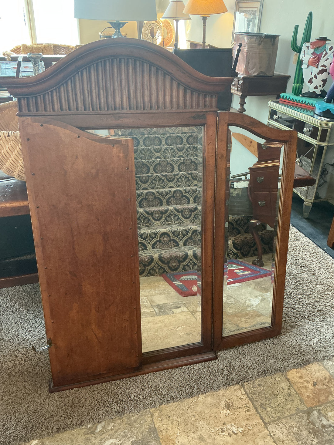 Wooden tri-fold vanity mirror in Country French style, 52x56