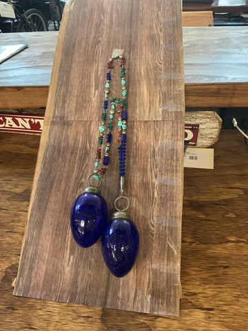 Cobalt Blue Crackle Glass Kugel Ornaments on Beaded String