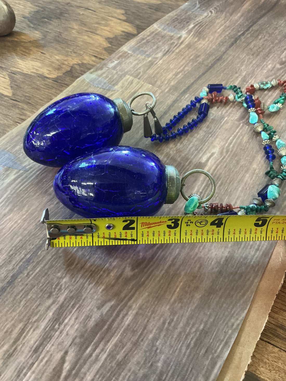 Cobalt Blue Crackle Glass Kugel Ornaments on Beaded String
