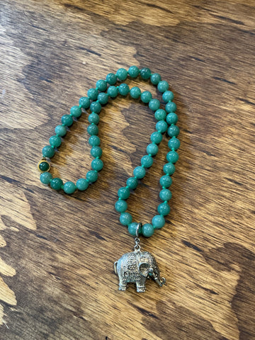 Green Aventurine Bead Necklace with Elephant Charm