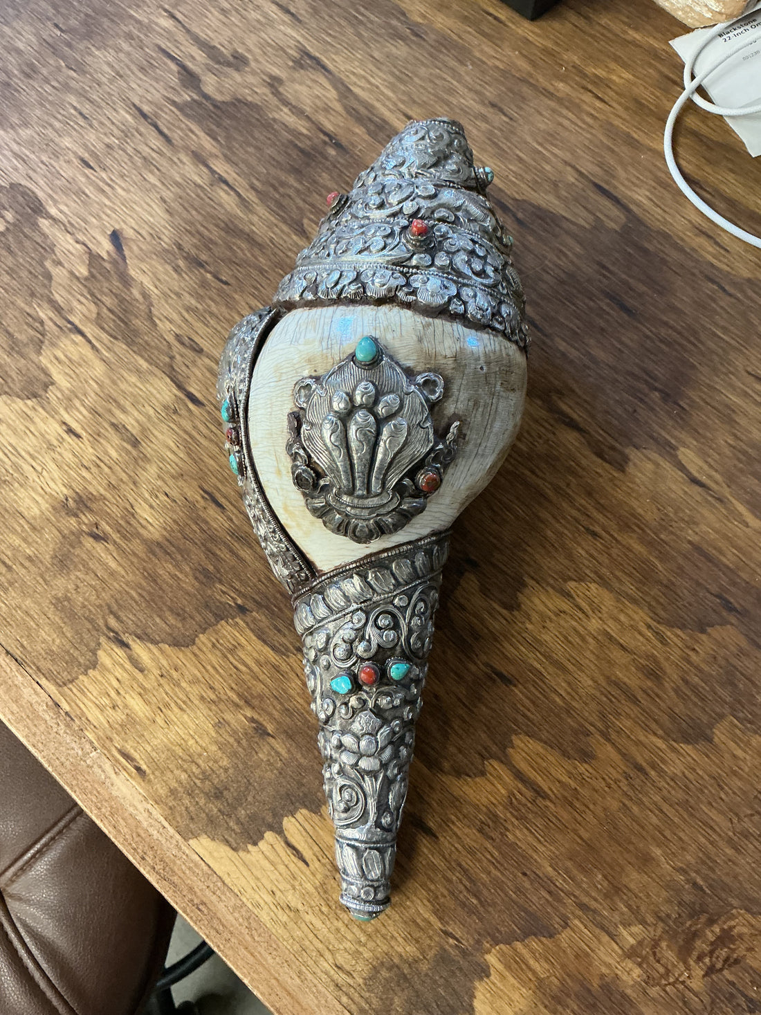 Tibetan Ritual Conch with Turquoise & Coral Stones 5" x 12"