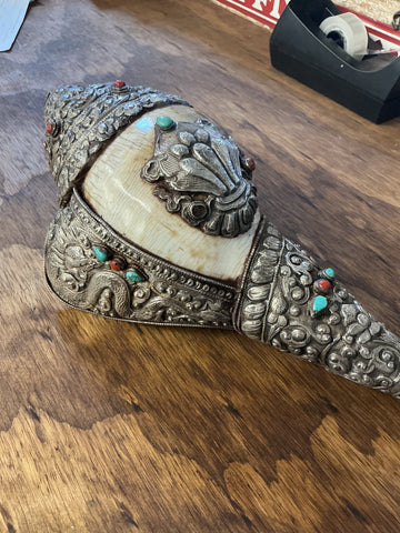 Tibetan Ritual Conch with Turquoise & Coral Stones 5" x 12"