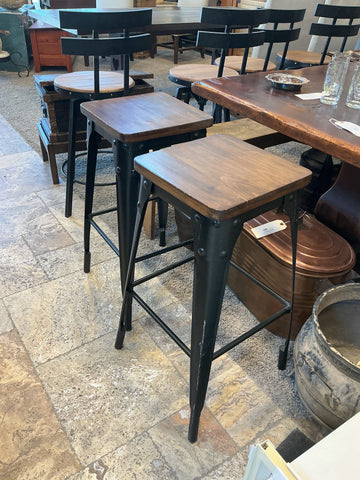 Black Metal / Wood Seat Square Barstools