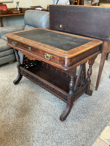 Victorian Eastlake Carved Walnut Console Table with Leather Top