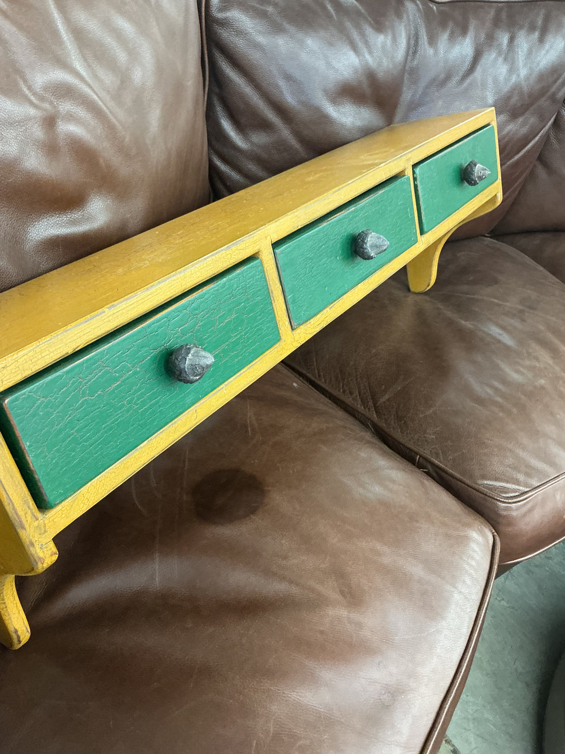 Green/Tan Decorative Wall Shelf with Drawers 36"L x 7"D x 12"H