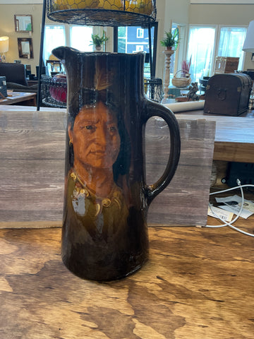 Weller Louwelsa Tankard Pitcher with a Native American portrait - 12.5" Signed by Levi Burgess