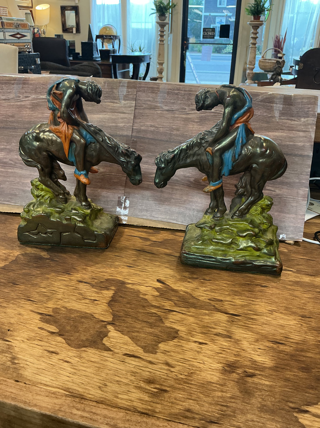 "End of the Trail" Polychrome Bookends 3"H x 8"L- One has damage on neck