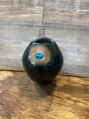 Pottery Vessel - Blackware with inlaid Turquiose by Dora Tse-Pe of San Ildefonso