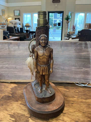 Wood Carved Native American Light Fixture 13" Vintage