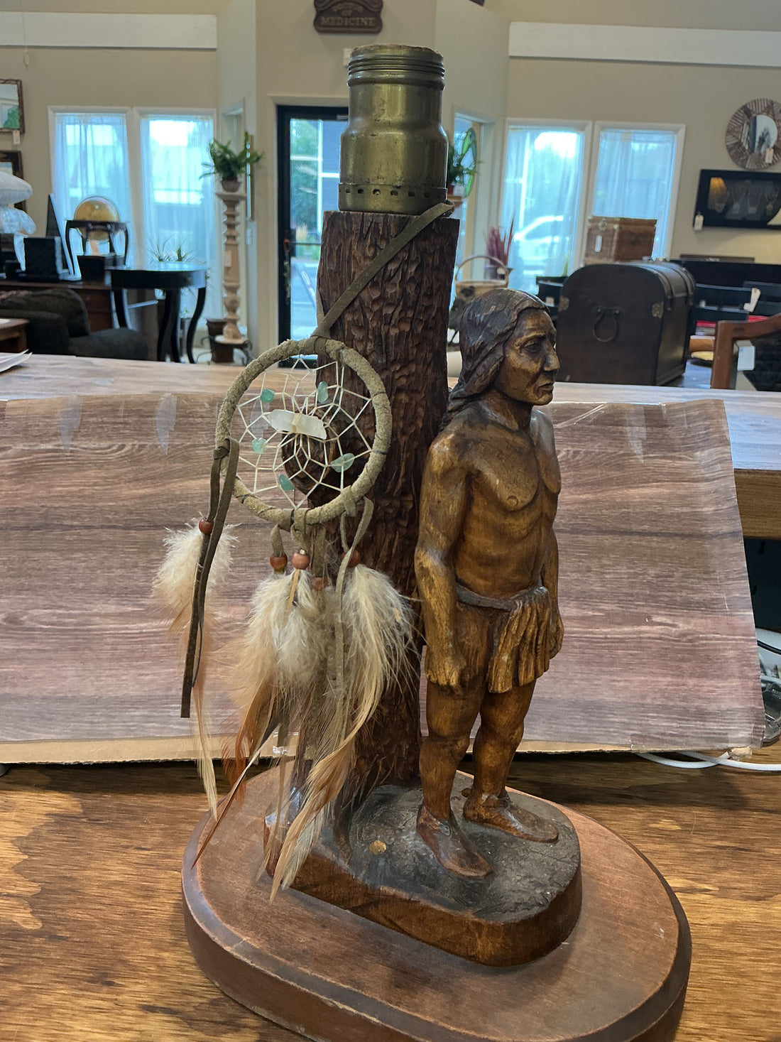 Wood Carved Native American Light Fixture 13" Vintage
