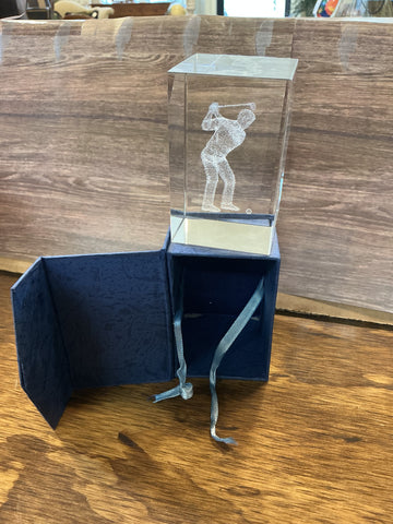 Elegance glass paperweight Laser Etched Golfer 2" x 2.25"