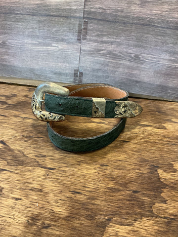 Vogt Sterling Silver, 14K Gold Filled Belt Buckle, Keeper, & Tip on a Green Paul Bond Exotic Belt