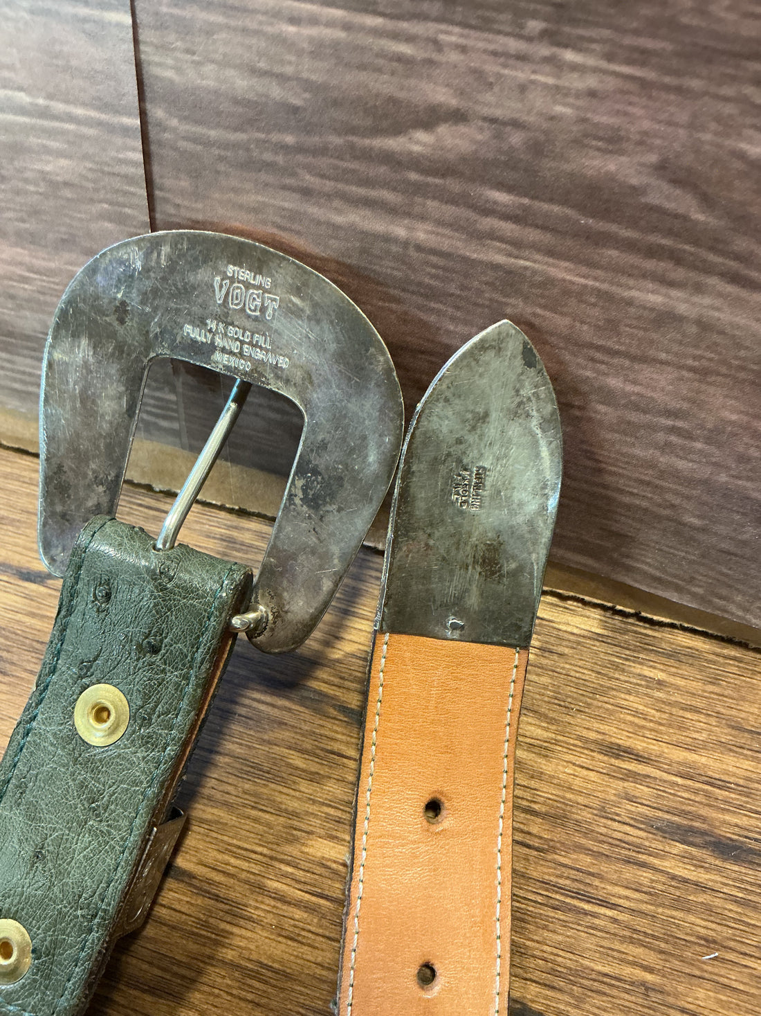 Vogt Sterling Silver, 14K Gold Filled Belt Buckle, Keeper, & Tip on a Green Paul Bond Exotic Belt