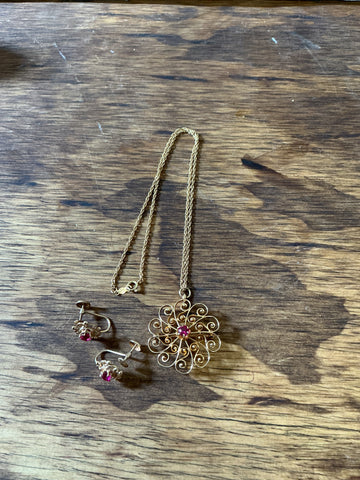 Gold 14K Rubelite Filigree Brooch on Necklace with Matching Clip on Earrings - 9 Grams Wt