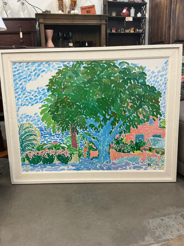 Serigraph print depicting a landscape with trees and buildings in a pointillist style, 36x46