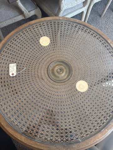 Round table, wicker and glass