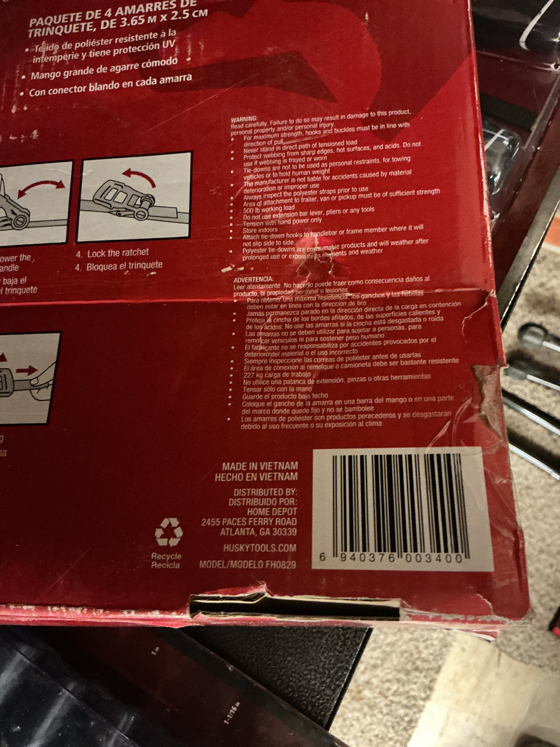 Husky 12 ft 1 inch ratchet tie down 4 pack
